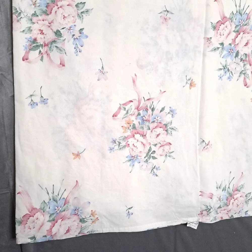 Springmaid Floral Flat Sheet Twin White Pink Blue Lace Ruffle Vintage Percale